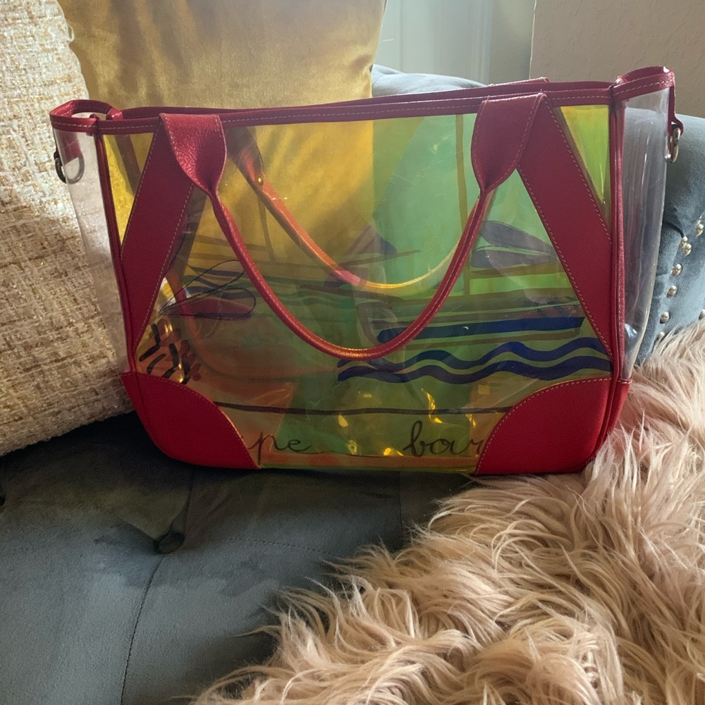 Rare Prada Red Leather & PVC color shifting tote